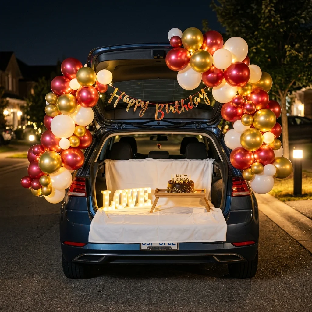 Car boot celebration setup with fairy lights and balloons, Gurugram