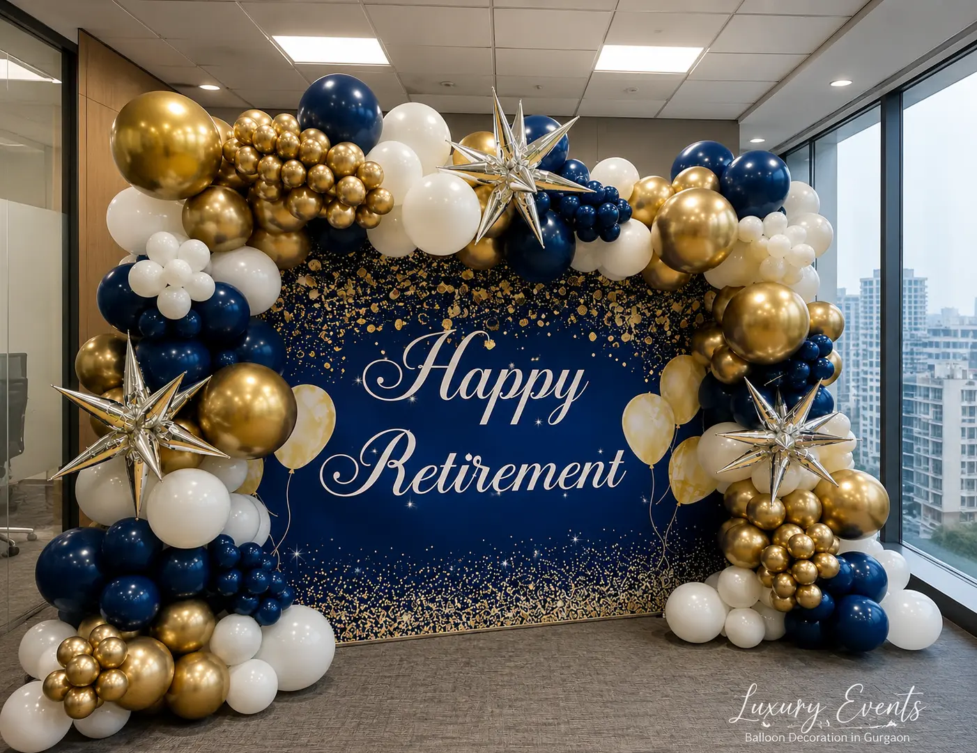 Retirement celebration LED letter display with balloon decoration, Gurugram