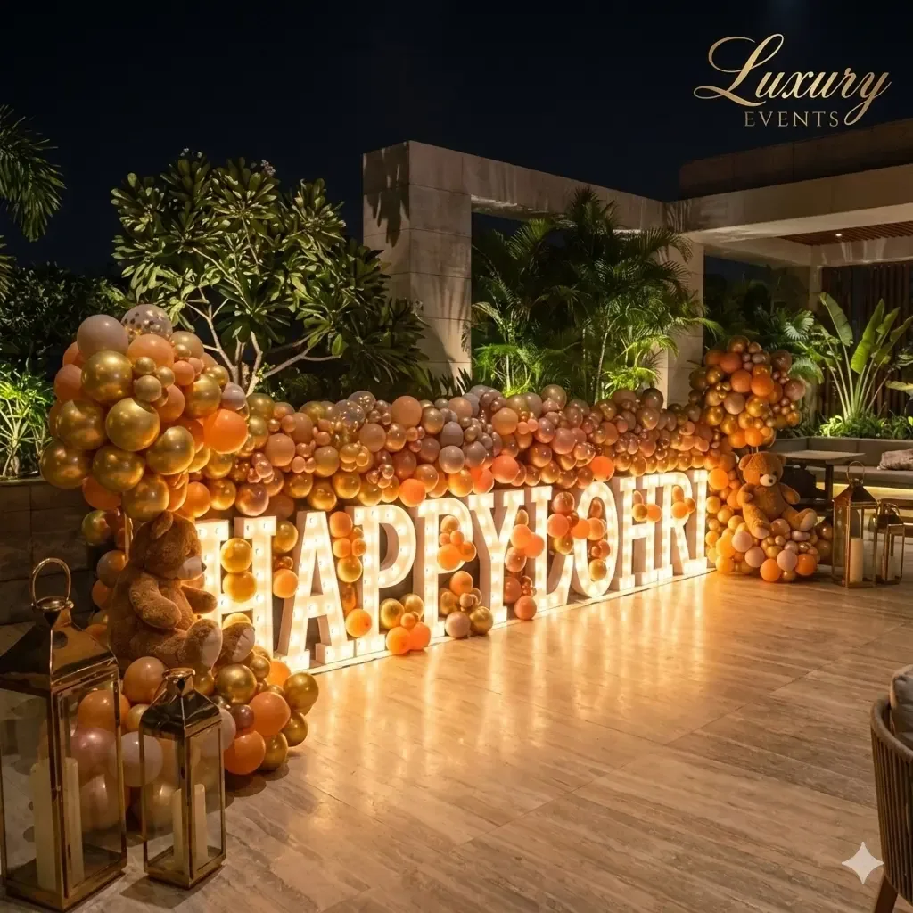 Lohri celebration decoration with festive balloon theme, Gurugram
